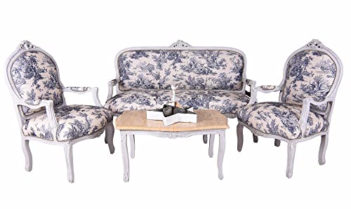 Salon Garnitur Blau Weiss Holz gepolstert Südfrankreich Toile de Jouy Sofa Sessel Shabby Chic cat381k33 Palazzo Exklusiv von PALAZZO INT