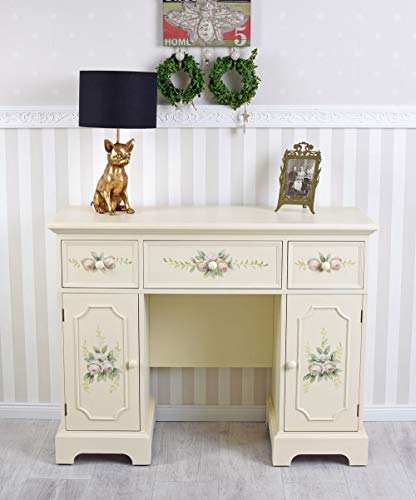 PALAZZO INT Vintage Schreibtisch „Villa Rosa“ – Landhaus-Stil Schreibmöbel aus Holz & MDF mit handbemalten Rosenranken, 3 Schubladen & 2 Türfächern, Antik-Patina, H80×B104×T39 cm FRF43 von PALAZZO INT