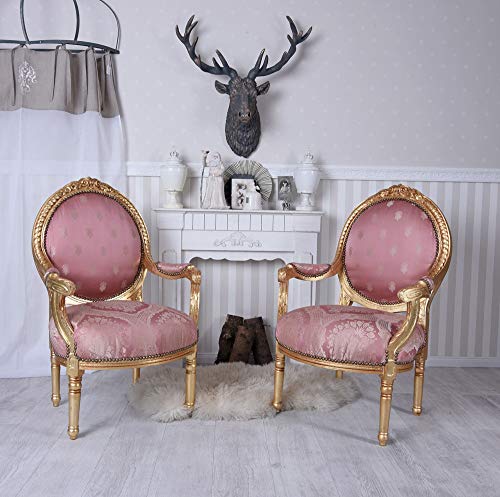 Sessel Set 2 Barock Armlehnsessel gepolstert Stühle Gold Rosa Fauteuil Stuhlgruppe Holz cat372a46 Palazzo Exklusiv von PALAZZO INT
