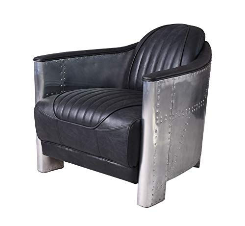 Sessel Vintage Leder Armlehnsessel schwarz Aluminium Schwarz Loungesessel gepolstert Stuhl Cocktailsessel ovl213 Palazzo Exklusiv von PALAZZO INT