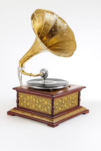 Vintage Grammophon „Villa Josephine“ – Nostalgisches Trichtergrammophon aus geschnitztem Holz & Gold-Applikationen, voll funktionsfähig, spielt Schellackplatten mit Handkurbel, inkl. Platte & Nadeln, von PALAZZO INT