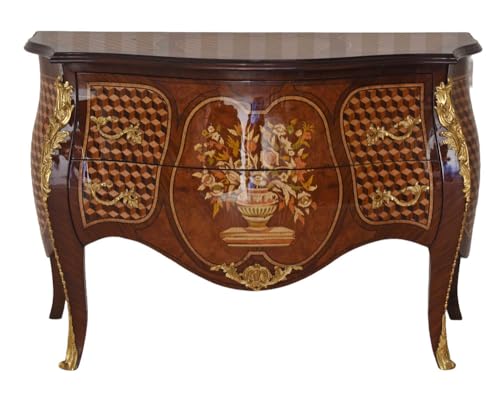 XL Kommode „Schloss Sanssouci“ – Barock-Kommode aus Massivholz mit Intarsienarbeiten & Messingbeschlägen, bombierter Korpus, zwei Schubladen, handgefertigtes Unikat mit Patina, Luxusmöbel im Rokoko-St von PALAZZO INT