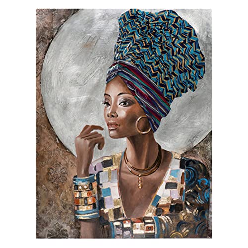 PALHERU Afrikanische Schwarze Frau Mit Blauen Bunten Turban Leinwand Malerei Porträt Ölgemälde Druckt Bild Poster Für Mädchen Zimmer Wohnkultur,60 * 90cm von PALHERU