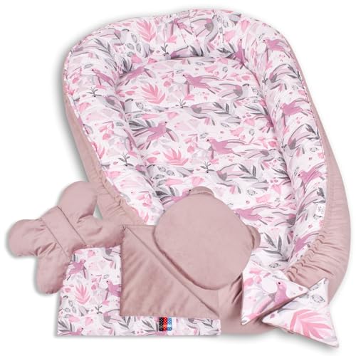 PaLulli Premium Kuschelnest Set inklusive Baby Nest 90 x 50 herausnehmbare Einlage Kuscheldecke Nackenkissen Flaches Kissen für Babys 100% Baumwolle Öko Tex (Rosa) von PaLulli