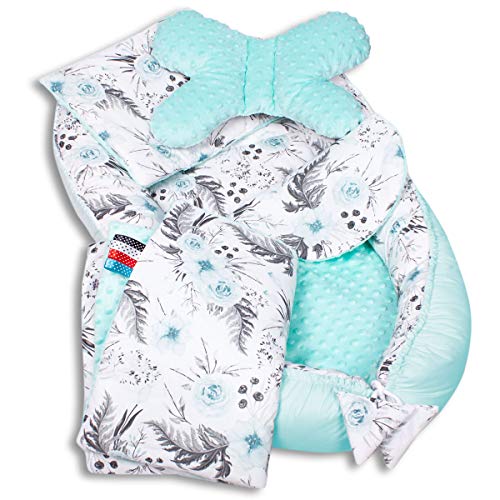 PaLulli 5-TLG Baby Ausstattung-Set Kuschelnest Babynest 95x55cm Baby-Matratze Kuscheldecke Flachkissen Babybett 100% Baumwolle Hypoallergisch Für 0-8 Monate Kopfkissen Türkises Garten von PaLulli