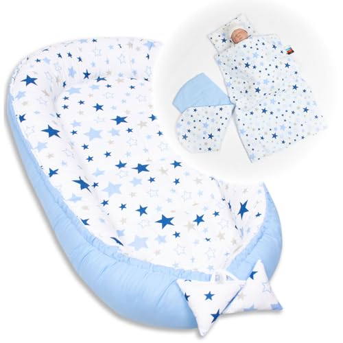 PaLulli 5-TLG Baby Ausstattung-Set Kuschelnest Babynest 95x55cm Baby-Matratze Kuscheldecke Flachkissen Babybett 100% Baumwolle Hypoallergisch Für 0-8 Monate Kopfkissen Milkyway Blau von PaLulli