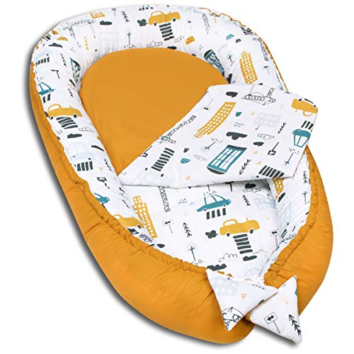 PALULLI Babynest, multifunktionales Kuschelnest mit Weiches zusätzlicher Matratze, Kokon, Nestchen, Babybett, Reisebett für Neugeborene, 100% Baumwolle Oeko-TEX, HERGESTELLT IN DER EU (The Cars) von PALULLI