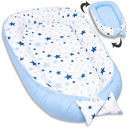 PaLulli Babynest Babynestchen 50x90 cm Babykokon, 2seitig, 100% Baumwolle, Nestchen für Babybett, Kuschelnest, Kissen, Reisebett für Baby und Säuglinge (Sterne B) von PaLulli