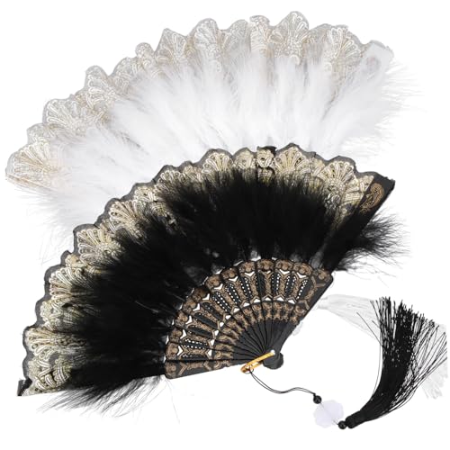 PAMINGONO 2 Stück Teiliges Plume Fächer Handgefertigt mit Zarten Federn Eleganter Hochzeits Tanzfächer für Damen Stilvoller Accessoire für Party Fotografie und Geschenk von PAMINGONO