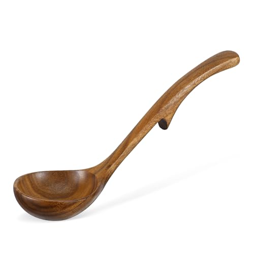 PAMINGONO Schöpfkelle aus Massivem Akazienholz mit Gebogenem Haken Großer Kochlöffel mit Langem Griff Multifunktionaler Holzlöffel zum Rühren und Servieren Platzsparend zum Aufhängen Küche von PAMINGONO