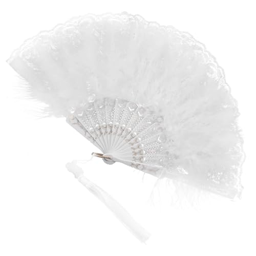 PAMINGONO Vintage Spitzen-faltfächer mit Weißen Spitzenfedern Eleganter Brautfächer für Hochzeitsdeko Faltbarer Handfächer für Damen Vielseitig Verwendbar für Party Tanz und Fotoshooting von PAMINGONO