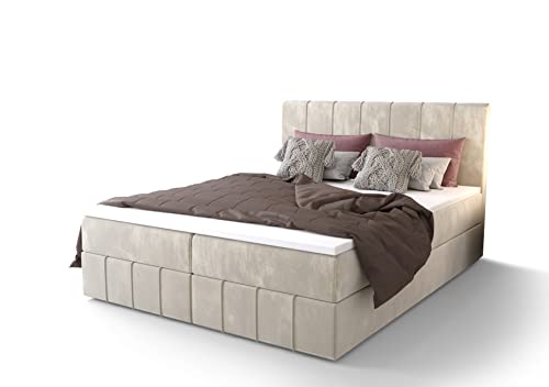 PAMIR Boxspringbett 140x200 Schlafhöhe 45cm mit Bettkasten und einem leichten Öffnungsmechanismus ausgestattet 20cm Bonell-Feder Matratzen und T30-Schaum Doppelbett mit Matratze und Topper Baham Creme von PAMIR24