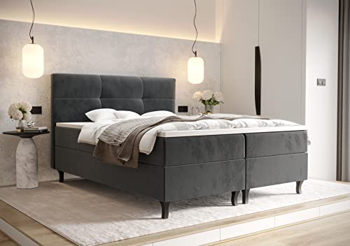 PAMIR24 Boxspringbett 180x200 mit Bettkasten und einem leichten Öffnungsmechanismus ausgestattet Bonell-Feder Matratzen und T30-Schaum Doppelbett mit Matratze und Topper Matratzenhärtegrad - H3 Grau von PAMIR24