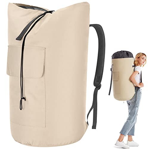 Wäschesack Schmutzwäsche XXL 115 Liter, Wäschebeutel Reise mit 2 Gepolsterte Schultergurte, Wäschetasche Faltbare Aufbewahrungsbeutel Kleidung Tasche, Seesack Rucksack (Beige) von PAMLIAPY