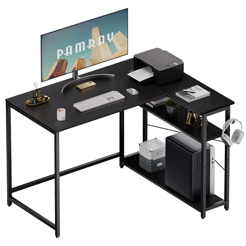 PAMRAY 109 cm Eckschreibtisch L-förmiger Schreibtisch & Tisch mit umkehrbaren Regalen Homeoffice PC-Schreibtisch Für Studieren, Arbeiten & Zocken, Schwarz von PAMRAY