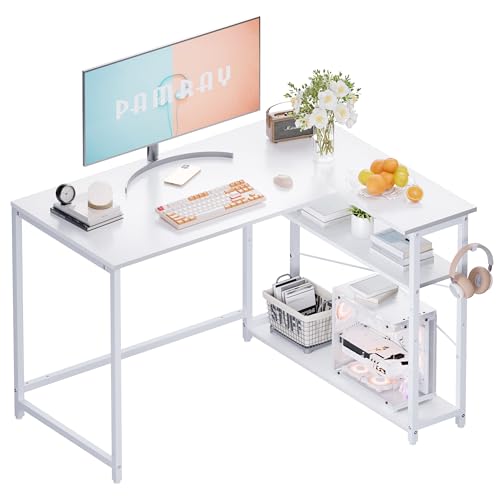 PAMRAY 109 cm Eckschreibtisch L-förmiger Schreibtisch & Tisch mit umkehrbaren Regalen Homeoffice PC-Schreibtisch Für Studieren, Arbeiten & Zocken, Weiß von PAMRAY