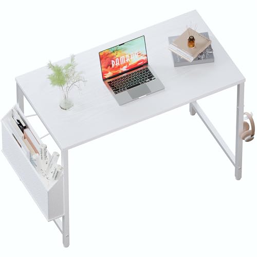PAMRAY 80x40cm Kleinräume Computertisch mit Aufbewahrungstasche Schreibtisch für Schlafzimmer Schreiben und Arbeiten Kleiner Heimbürotisch,Weiß von PAMRAY