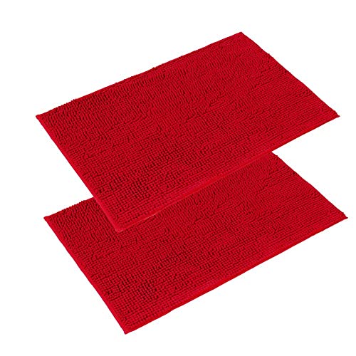 PANA® Badeteppich-Set 'Paris' (2er Pack / 50 x 80 cm) • Flauschige Duschvorleger für Badezimmer und WC • Chenille Badematten • Waschbare und rutschfeste Badvorleger • Farbe: Rot von PANA