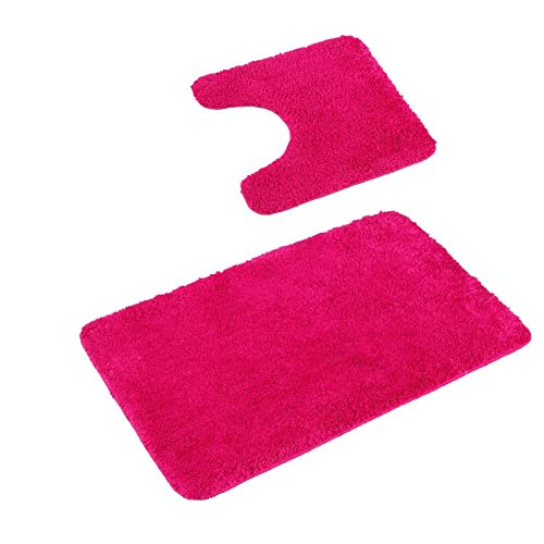 PANA® 'Florenz' Badteppich Set • Flauschige Vorleger für Badezimmer und WC • Waschbare und rutschfeste Badematten • Set: 45 x 45 cm mit WC-Ausschnitt + 50 x 80 cm • Farbe: Fuchsia von PANA