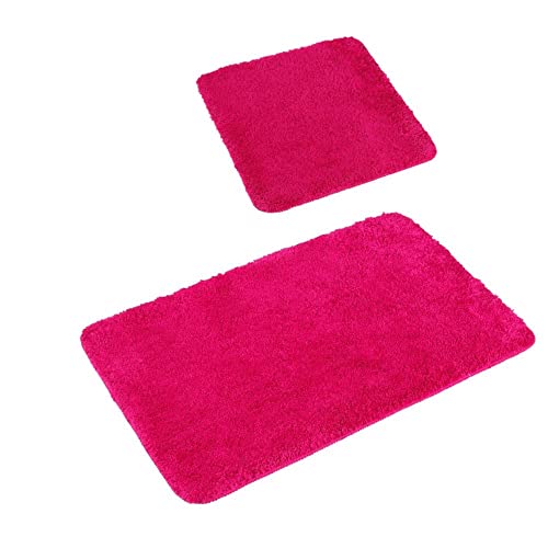 PANA 'Florenz' Badeteppich-Set • Flauschige Vorleger für Badezimmer und WC • Badteppich rutschfest & waschbar • Set: 45 x 45 cm ohne WC Ausschnitt + 50 x 80 cm • Farbe: Fuchsia von PANA