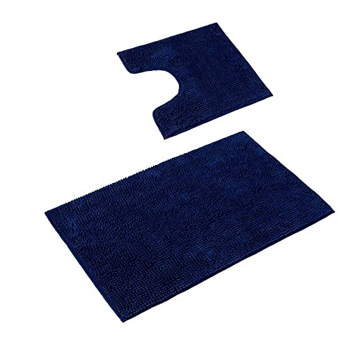 PANA 'Paris' Badeteppich-Set • Flauschige Vorleger für Badezimmer und WC • Badteppich rutschfest & waschbar • Chenille Badematte • Set: 45 x 45 cm mit WC Ausschnitt + 50 x 80 cm • Farbe: Blau von PANA