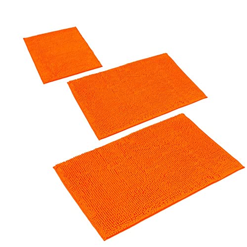 PANA 'Paris' Badeteppich-Set • Flauschige Vorleger für Badezimmer und WC • Chenille Badematte • Set: 45 x 45 cm ohne WC Ausschnitt + 50 x 80 cm + 70 x 120 cm • Farbe: Orange von PANA