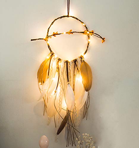 PANAX Handgemachter Traumfänger mit echten braunen Gänsefedern und warmweißer Lichterkette - Dreamcatcher für Wohnung, Schlafzimmer oder Dekoration von PANAX