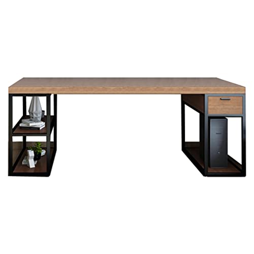 PANAZU Doppelter Computer-Desktop-Tisch aus massivem Holz, Arbeitszimmer mit Bücherregal und Schubladen, Büro-Arbeitszimmer-Schreibtisch, Langer Tisch von PANAZU