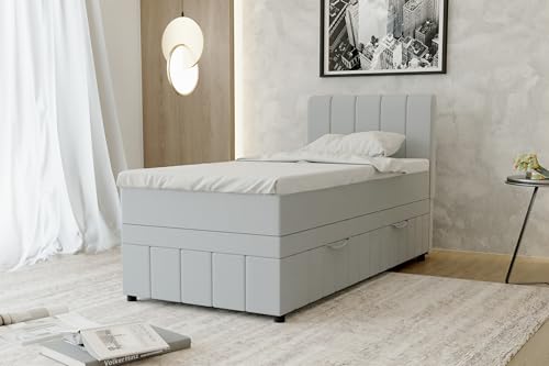 PANDA MÖBEL Avalon Boxspringbett 90 x 200 cm Doppelbett mit hochwertiger Bonell-Matratze und Topper, Polsterbett mit Bettkasten, Schlafzimmer, Bequem, Modern, Stilvoll von PANDA MÖBEL