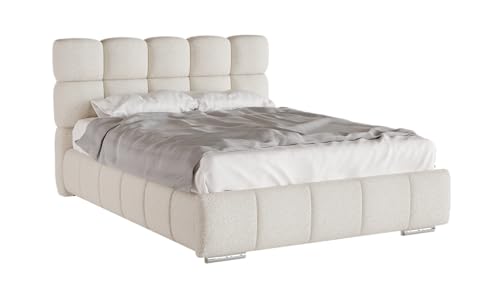 PANDA MÖBEL Polsterbett 140x200 cm - Bliss Kollektion - Modern Bett mit hochwertiger Federkernmatratze Bonell - ELDAR - Polsterbett für Schlafzimmer - Cremefarbig von PANDA MÖBEL