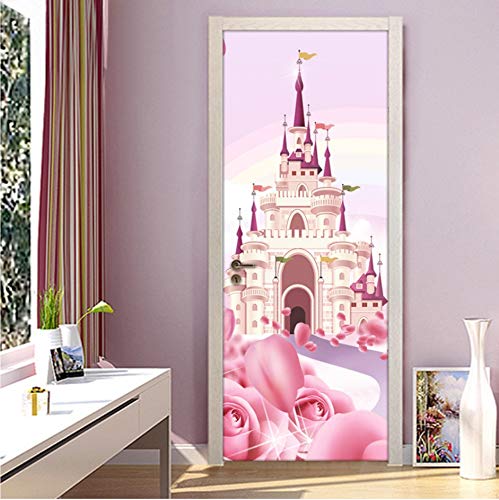 PANDABOOM Cartoon Schloss Rosa Prinzessin Zimmer Mädchen Schlafzimmer Tür Aufkleber Wandbild Tapete PVC Wasserdicht Selbstklebend 77X200Cm von PANDABOOM
