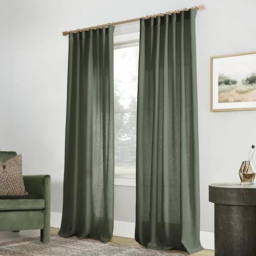 PANELSBURG Olive Linen Sheer Curtain - 84 Inches Long - Linen X Cotton - Back Tab Loop Pocket Window Panel von PANELSBURG