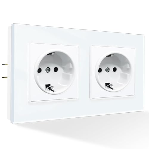 PANGTZEEN Schuko Steckdose mit Kralle 2 Fach Glas Rahmen 153mm Doppel Wandsteckdose 16A Unterputz Zwei Befestigung Stil Einbausteckdose Weiß Für Wohnzimmer, Schlafzimmer, Küche, Büro von PANGTZEEN