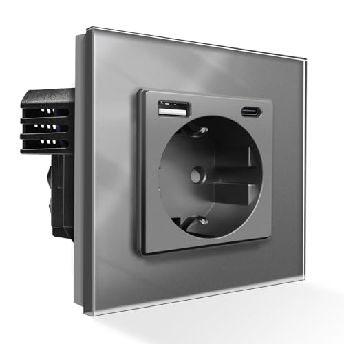 PANGTZEEN Schuko Steckdose mit USB A + Typ C 1 Fach Gehärtetem Glas 86mm Einzel WandSteckdose 16A Typ-F Unterputz EinbauSteckdosen Grau Für Schlafzimmer, Küche, Büro von PANGTZEEN