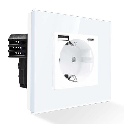 PANGTZEEN Schuko Steckdose mit USB A + Typ C 1 Fach Gehärtetem Glas 86mm Einzel WandSteckdose 16A Typ-F Unterputz EinbauSteckdosen Weiß Für Schlafzimmer, Küche, Büro von PANGTZEEN