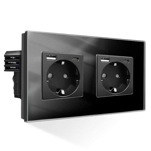 PANGTZEEN Schuko Steckdose mit USB A + Typ C 2 Fach Gehärtetem Glas 157mm Doppel WandSteckdose 16A Typ-F Unterputz EinbauSteckdose Schwarz Für Schlafzimmer, Küche, Büro von PANGTZEEN