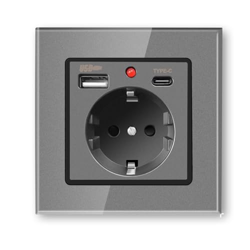 PANGTZEEN Schuko Steckdose mit USB A & Typ C 1 Fach Gehärtetem Glas 82mm Einzel Wand Steckdose 16A Typ-F Unterputz Zwei Befestigung Stil Einbausteckdosen Grau Für Schlafzimmer, Küche, Büro von PANGTZEEN