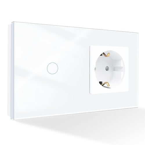PANGTZEEN Touch Lichtschalter mit Steckdose 16A 100~240V 1 Fach 1 Weg 157mm Gehärtetem Glas Wand Schalter 10A Unterputz Wandlichtschalter Weiß für Wohnzimmer Schlafzimmer Küche Büro von PANGTZEEN