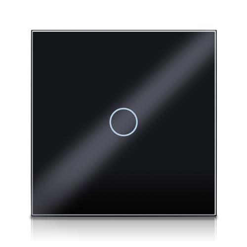 PANGTZEEN Touch Lichtschalter 1 Fach 1 Weg Gehärtetem Glas Schalter Non-WiFi Wandschalter 10A Unterputz Wandlichtschalter Schwarz Kein Neutralleiter für Wohnzimmer Schlafzimmer Küche Büro von PANGTZEEN