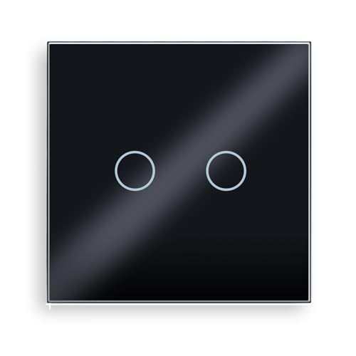 PANGTZEEN Touch Lichtschalter 2 Fach 1 Weg Gehärtetem Glas Schalter Non-WiFi Wandschalter 10A Unterputz Wandlichtschalter Schwarz Kein Neutralleiter für Wohnzimmer Schlafzimmer Küche Büro von PANGTZEEN