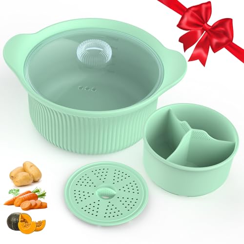 Mikrowellen-Dampfgarer aus Silikon, 3 Fächer, für Gemüse/Fisch/Babynahrung, ofen- und spülmaschinenfest, leicht zu reinigen, Mikrowellentopf mit Griff und Deckel, 100 % lebensmittelechte Dampfschüssel Mikrowellen-Dampfgarer aus Silikon, 3 Fächer, für Gemüse/Fisch/Babynahrung, ofen- und spülmaschinenfest, leicht zu reinigen, Mikrowellentopf mit Griff und Deckel, 100 % lebensmittelechte Dampfschüssel von PANIMOSI