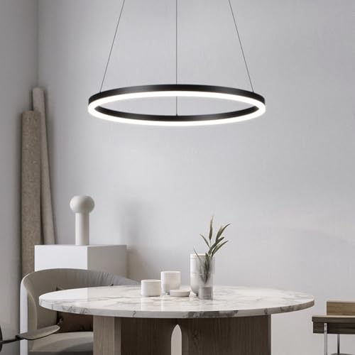 LED Pendelleuchte Modern Runde Dimmbar Hängeleuchte Ring Kreis Hängelampe Moderne Wohnzimmerleuchten Esstisch Pendellampe Pendelleuchte Für Kücheninsel Wohnzimmer Büro Halle(Schwarz,1-Ring-80cm) von PANNN