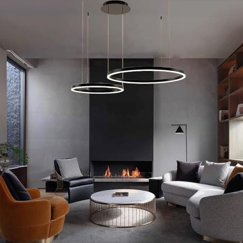 LED Pendelleuchte Modern Runde Dimmbar Hängeleuchte Ring Kreis Hängelampe Moderne Wohnzimmerleuchten Esstisch Pendellampe Pendelleuchte Für Kücheninsel Wohnzimmer Büro Halle(Schwarz,2-Rings-40+60cm) von PANNN