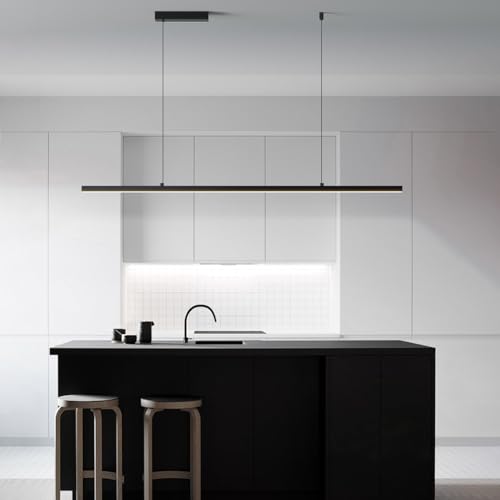Dimmbar LED Pendelleuchte Moderne Esstisch Schwarz Hängeleuchte Mit Fernbedienung Pendellampe Linear Design Höhenverstellbar Kronleuchter Lampe Für Esszimmer Küche Büro Hängeleuchte 150cm,64W von PANNN