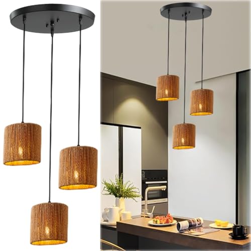 Pendelleuchte Rattan Esstisch 3 Flammige Boho Lampe Hängend Rustikal Geflochten Hängelampe Korb E27 Boho Geflochten Hängeleuchte Natürlicher Rattan Lampenschirm Für Esszimmer Büro Küchen von PANNN