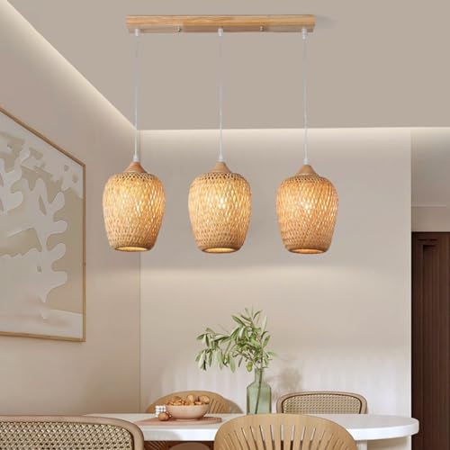 Vintage Pendelleuchte Boho Hängelampe Rattan E27 Lampenfassung 3-Flammige Luster Verstellbarer Deckenlampe Handgeflochtener Lampenschirm Hängeleuchte Für Esstisch Esszimmer Küche Wohnzimmer, 54cm von PANNN