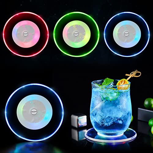 4 Stück Bunt LED Leuchtuntersetzer Leuchtender Untersetzer aus Acryl Runder Wasserdichter Untersetzer On/Off mit 3 Lichtmodi für Glas Bar Saft Bier Hochzeiten Weihnachten Party Dekoration Geschenk von PANSYFEN