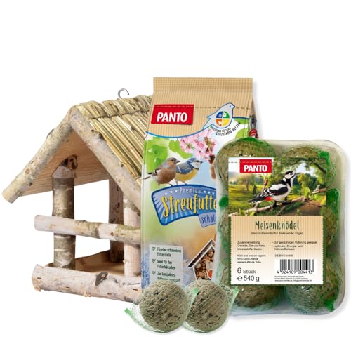 PANTO Heimatpaket Wildvogelfutter Bundle, Komplettset mit Vogelhaus, 1 kg Premium Streufutter schalenlos & 8 Meisenknödeln mit Netz – Ideale Futterstation für Wildvögel von PANTO