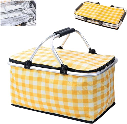 PANYIXUAN KüHlkorb Faltbar Einkaufskorb Mit KüHlfunktion, wasserdichte Picknickkorb Bis 10kg Belastbar, für Reisen Picknick Einkaufen (Gelb) von PANYIXUAN