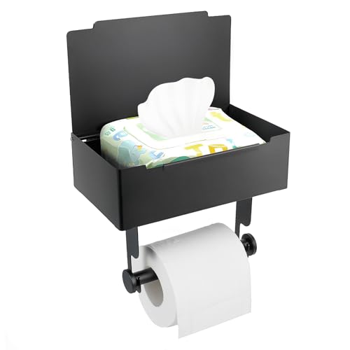PANZHIHUIDA Toilet Paper Holder with Storage Matte Schwarze Toilettenpapier -Lagerhalter mit Regal für nasse Tücher, Sanitärtampon, Müllsäcke, Badetücher Halter Zubehör Sparer und Organisator von PANZHIHUIDA